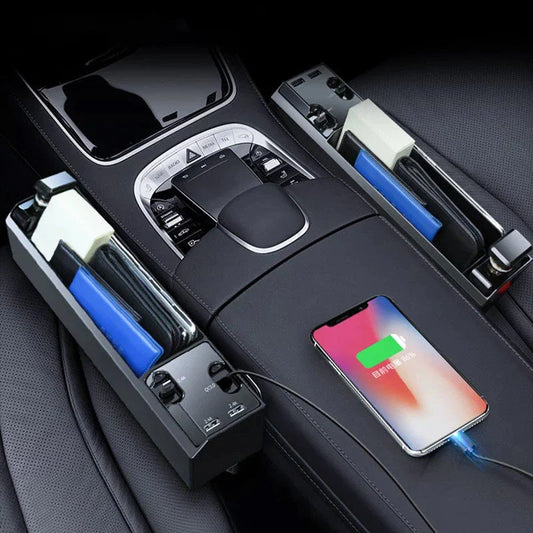 Premium car seat gap organiser with discreet charging cable, providing secure storage and power for your on-the-go essentials