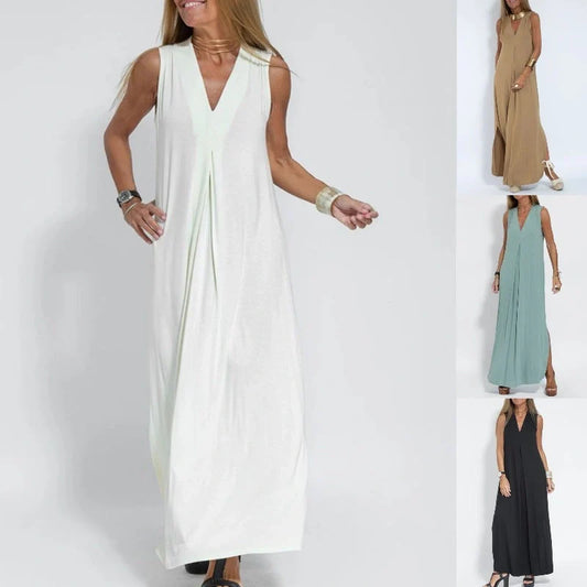 Stylish Women's V-neck Sleeveless Dress with Long Cardigan in various colors