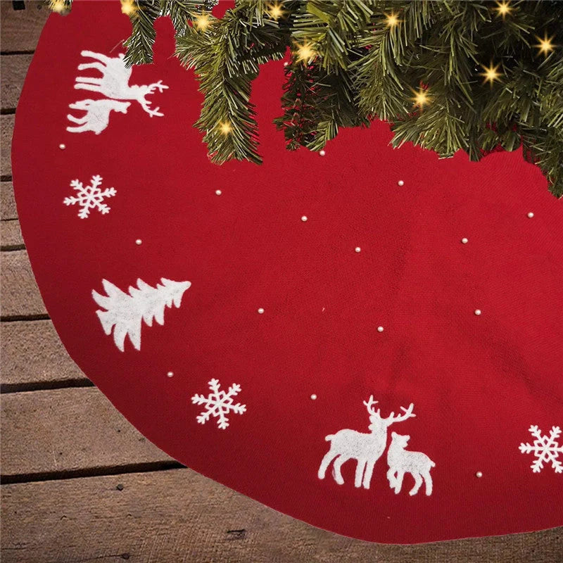 Handmade knitted Christmas tree skirt with 3D vivid patterns in burgundy