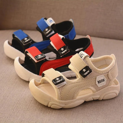 Boys' summer sandals with soft soles and anti-kick design in white, red, and blue