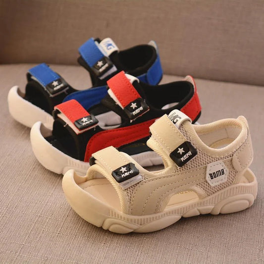 Boys' summer sandals with soft soles and anti-kick design in white, red, and blue
