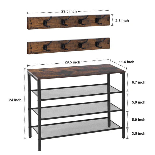 4-tier rustic wooden shoe rack with coat hook and grid design for hallway storage