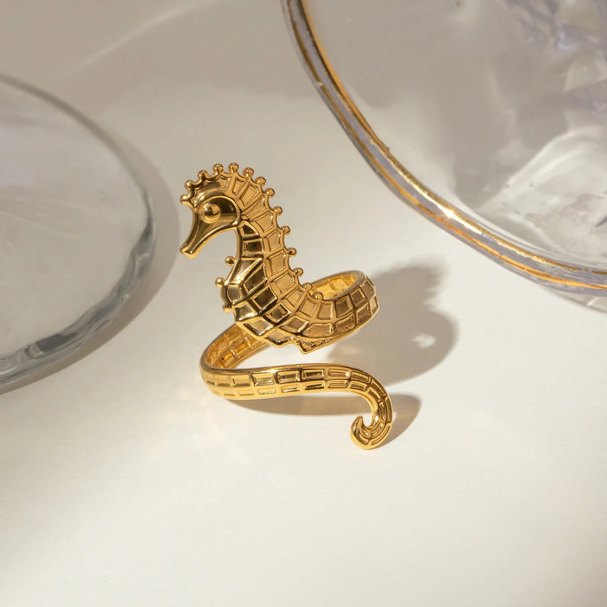 Elegant 18K gold plated seahorse ring for women, ocean themed jewellery