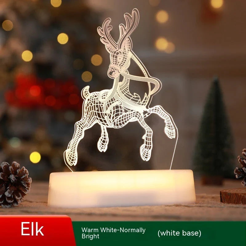 3D acrylic Christmas lights with various holiday-themed designs, including Christmas trees, elks, and Christmas dwarfs, providing warm, ambient lighting.