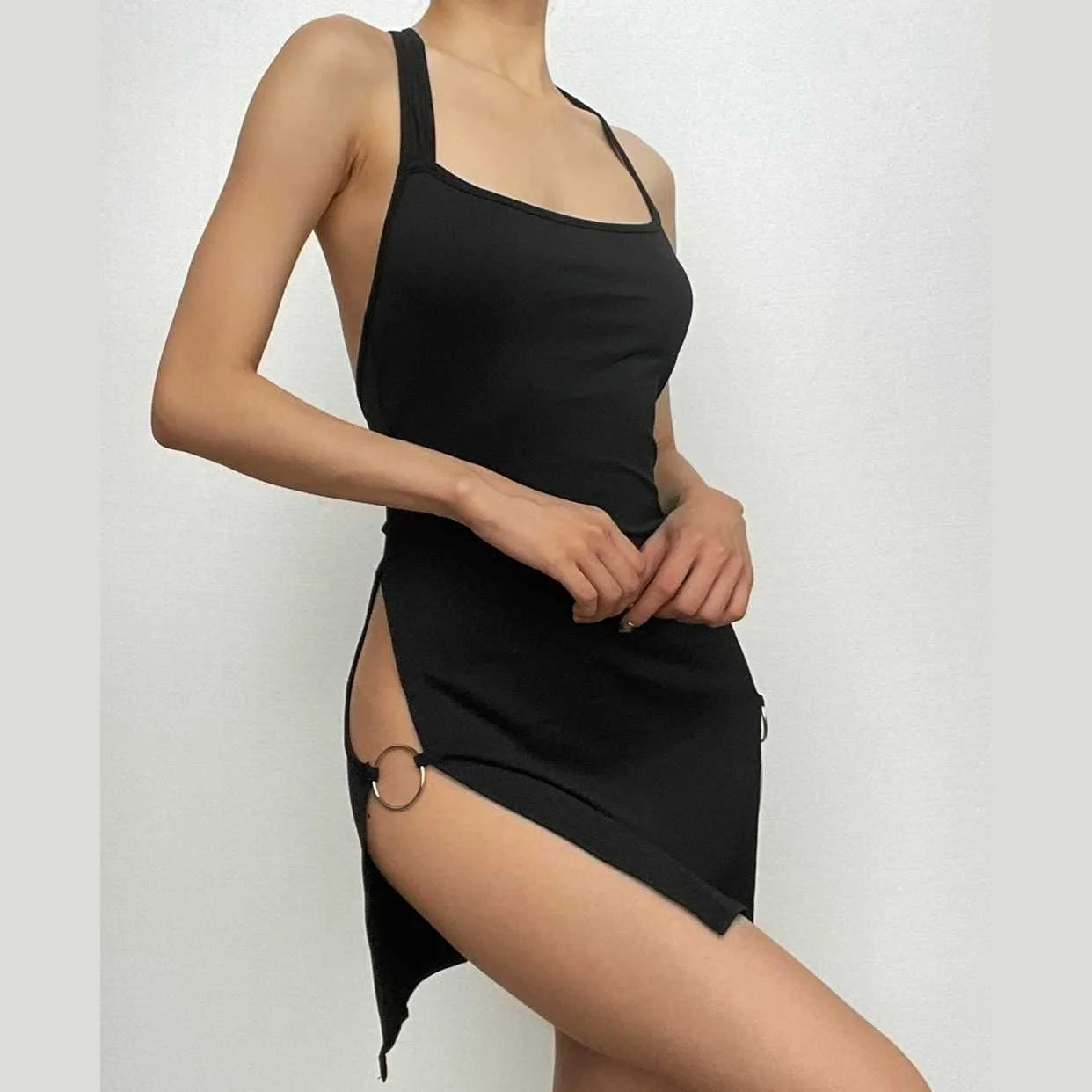 Elegant backless hollow-out halter dress for women in black