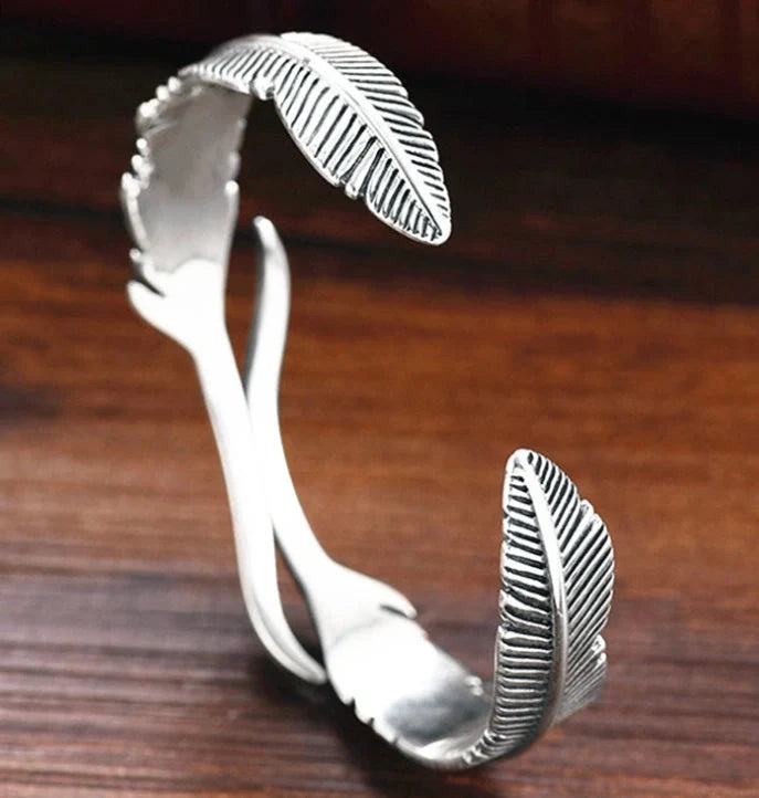 Vintage Thai Silver Double Feather Copper Bracelet with geometric design