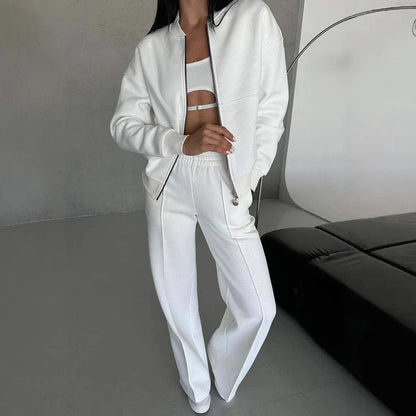 Stylish women's sports separates set with zip-up jacket and wide-leg trousers in a variety of colours