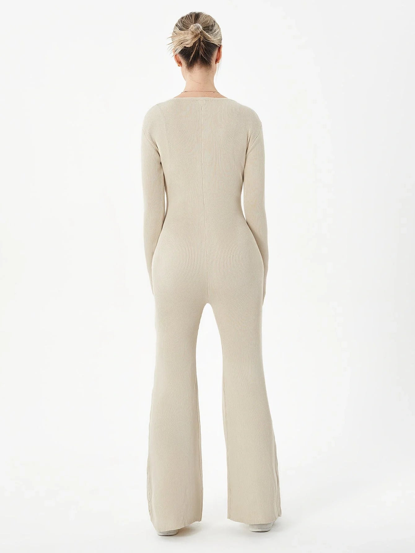 Zippered Round Neck Flared Trousers in black, white, khaki, and brown