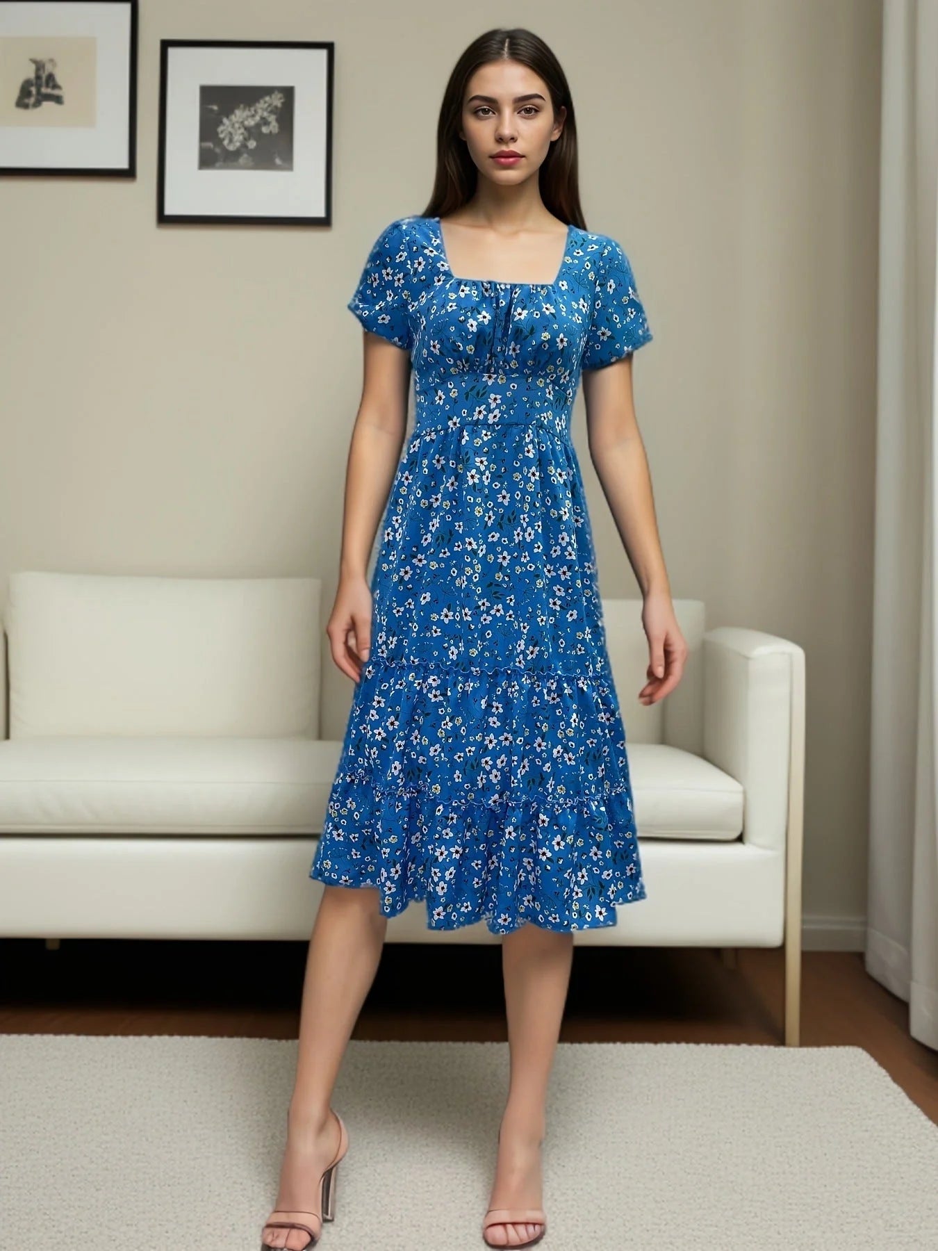 Elegant floral puff sleeve midi dress in various colours and patterns
