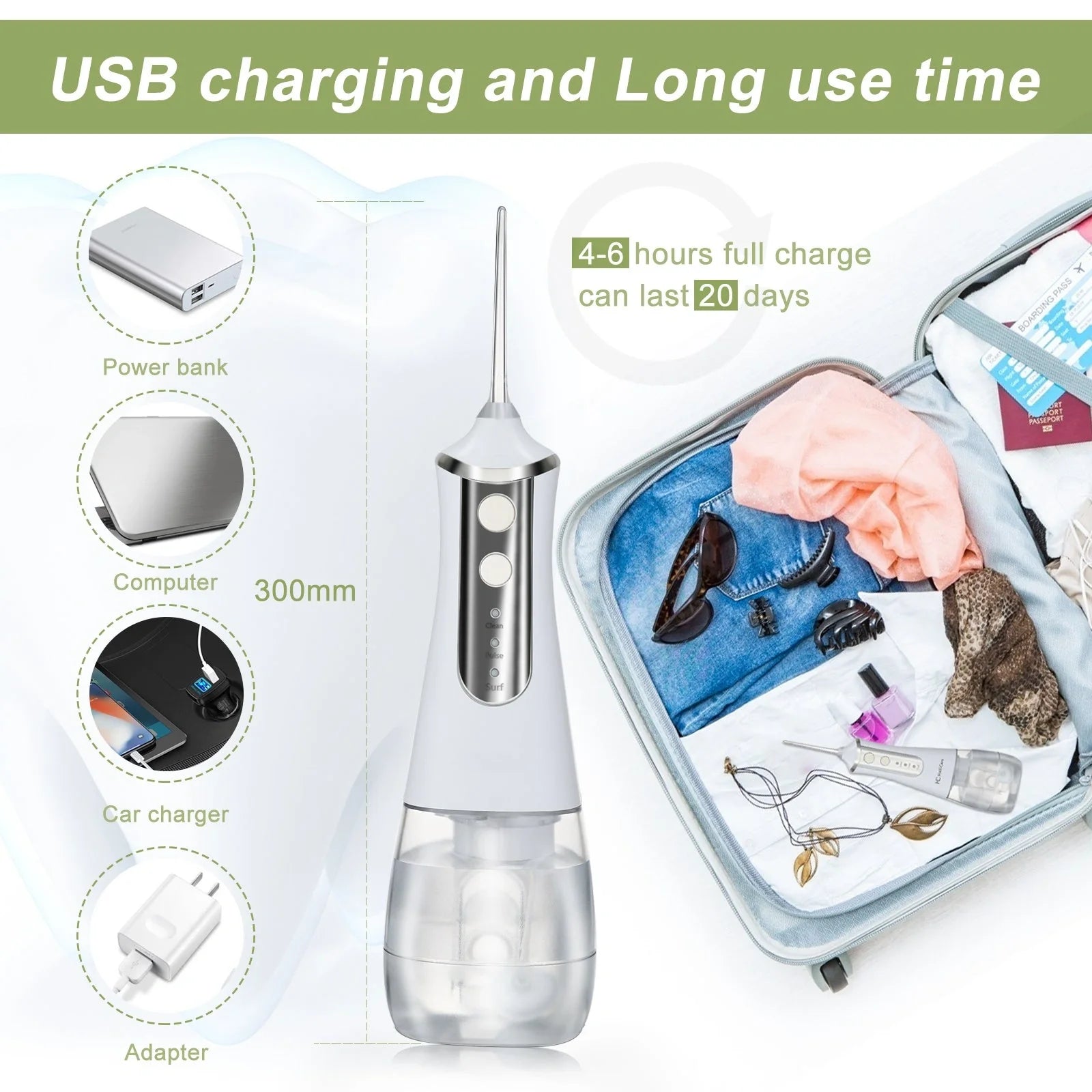 USB rechargeable oral irrigator with 3 cleaning modes and 350ml water tank