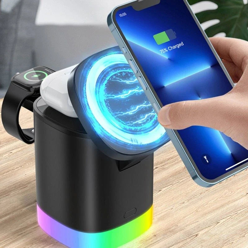 3-in-1 wireless charging station with RGB ambient lighting for smartphones, smartwatches, and wireless earbuds