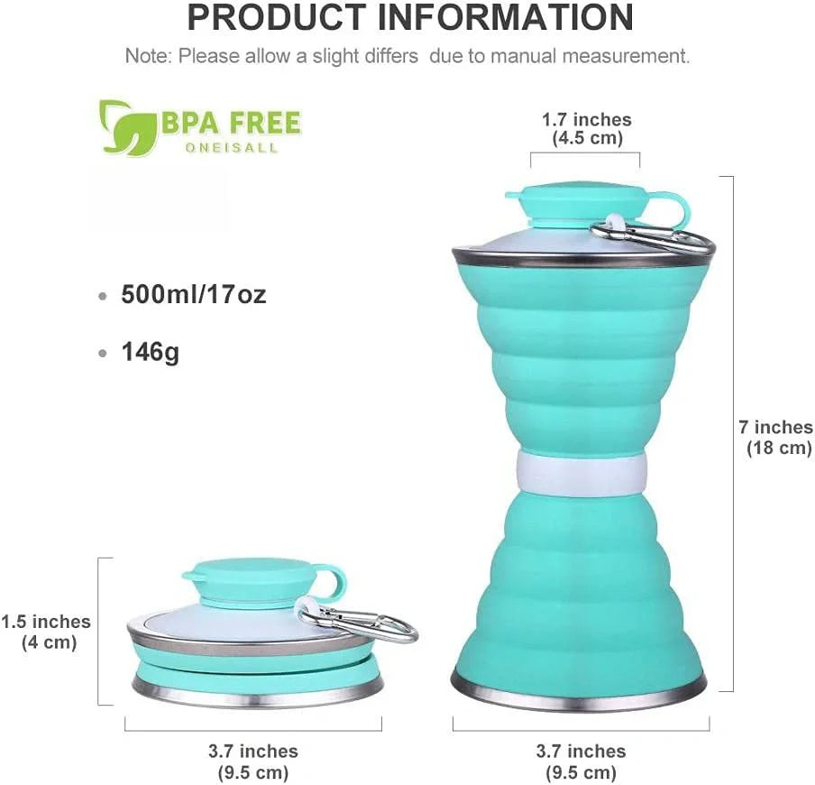500ml foldable silicone water bottle in various colors with leak-proof lid