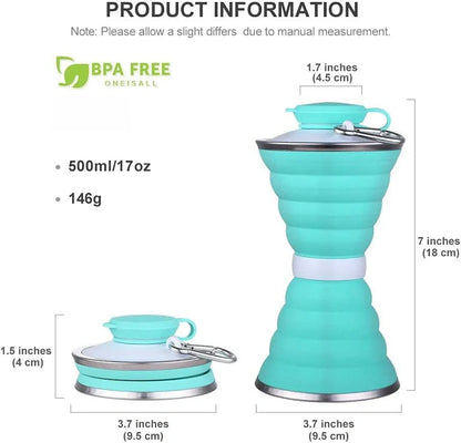 500ml foldable silicone water bottle in various colors with leak-proof lid