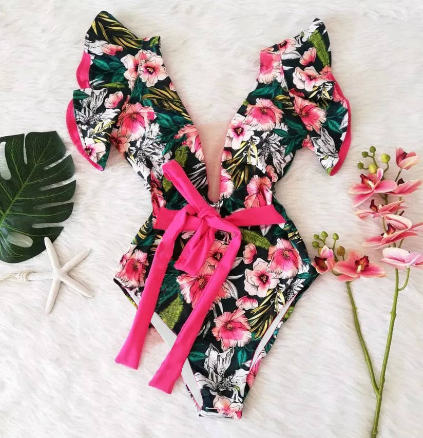 Women's blue one-shoulder ruffle swimsuit in printed polyester