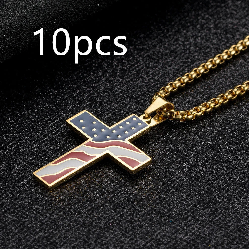 Stainless steel flag cross necklace for men, geometric design, polished finish.