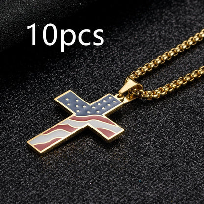 Stainless steel flag cross necklace for men, geometric design, polished finish.