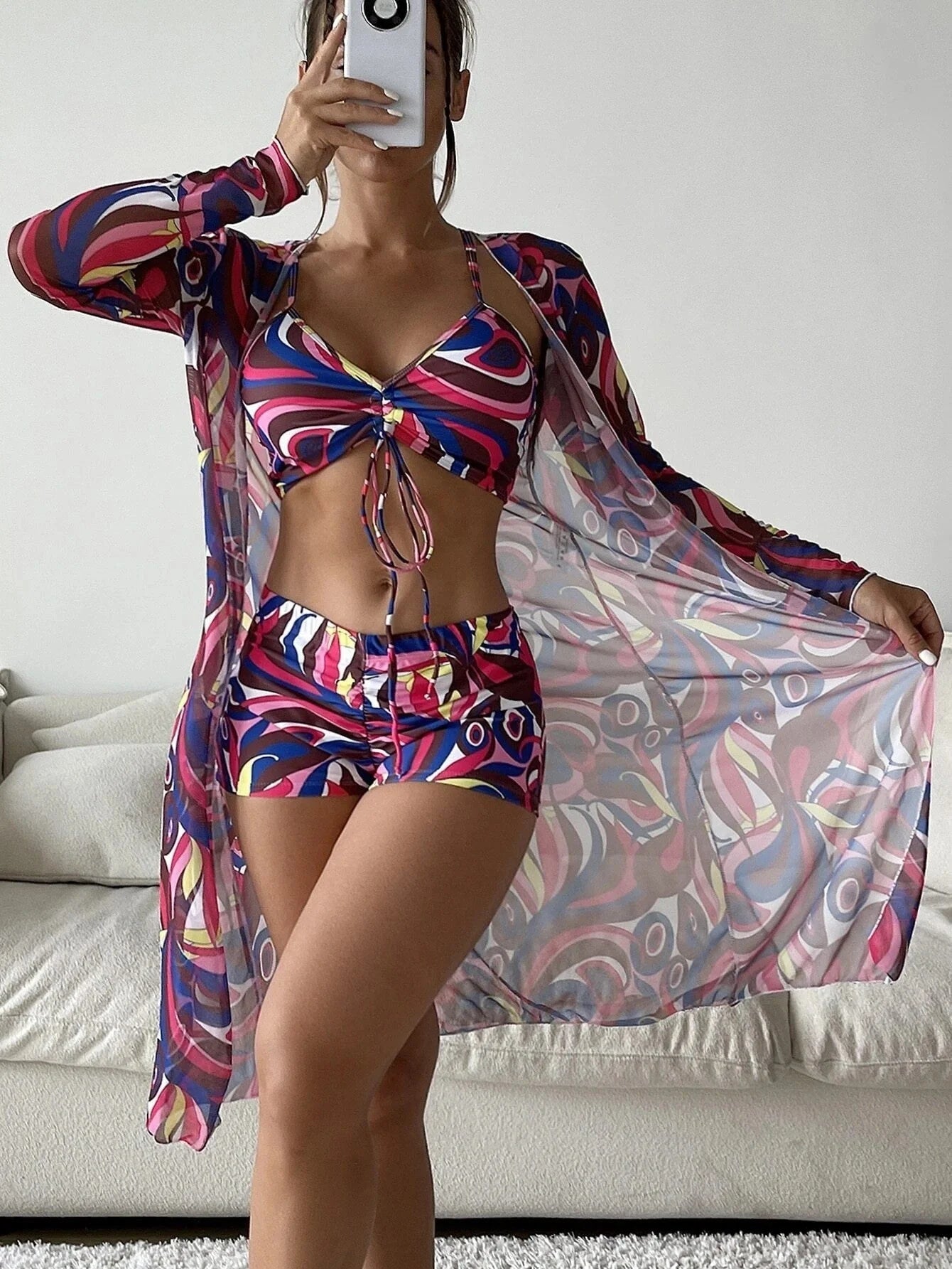 3-piece Pring bikini set with long sleeve cardigan for women, floral design
