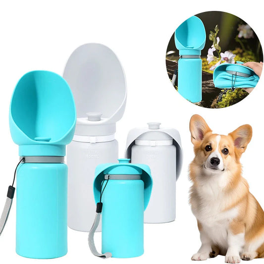 Foldable pet water bottle in blue and grey with leak-proof seal, 550ml capacity