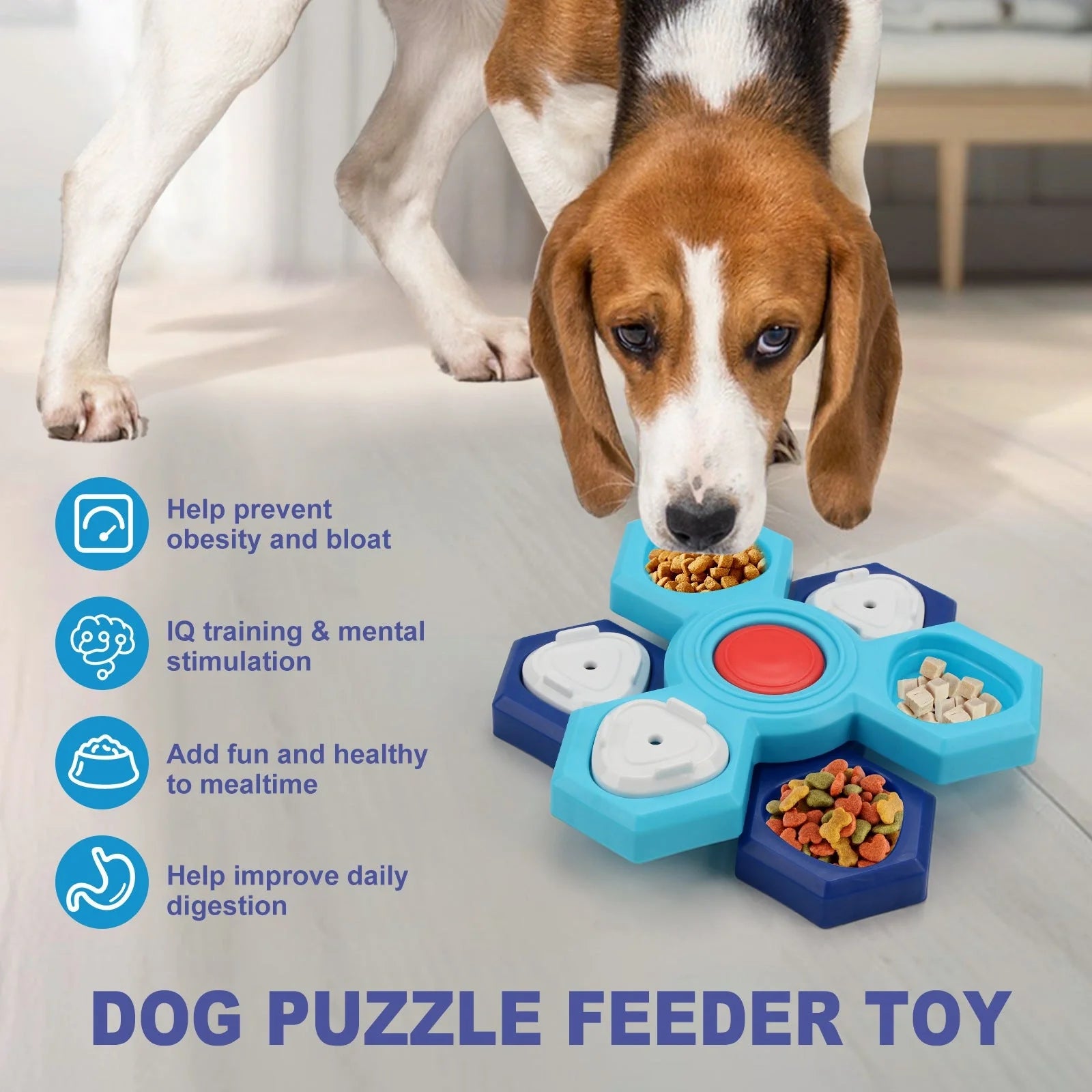 Blue 4-layer slow feeder puzzle dog bowl for controlled eating and mental stimulation