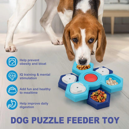 Blue 4-layer slow feeder puzzle dog bowl for controlled eating and mental stimulation