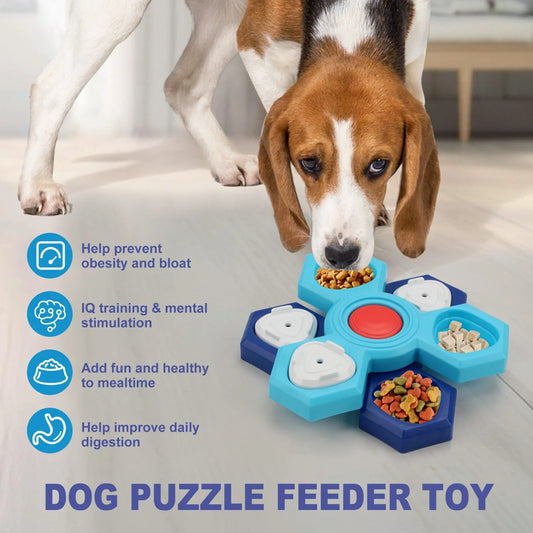 Blue 4-layer slow feeder puzzle dog bowl for controlled eating and mental stimulation