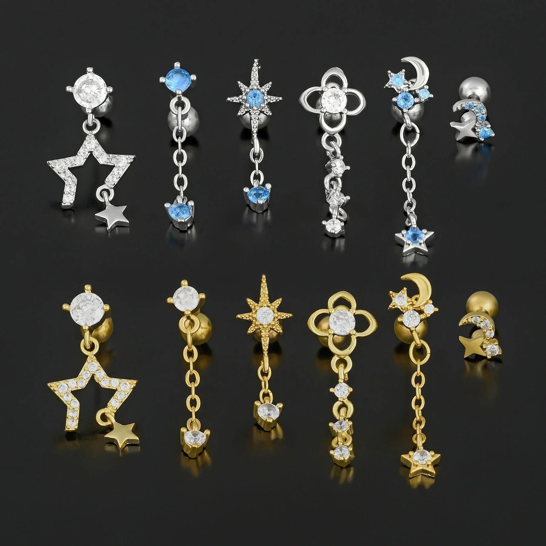 Star and Moon Cubic Zirconia Stainless Steel Cartilage Earring in gold and white K