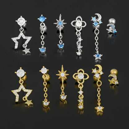 Star and Moon Cubic Zirconia Stainless Steel Cartilage Earring in gold and white K