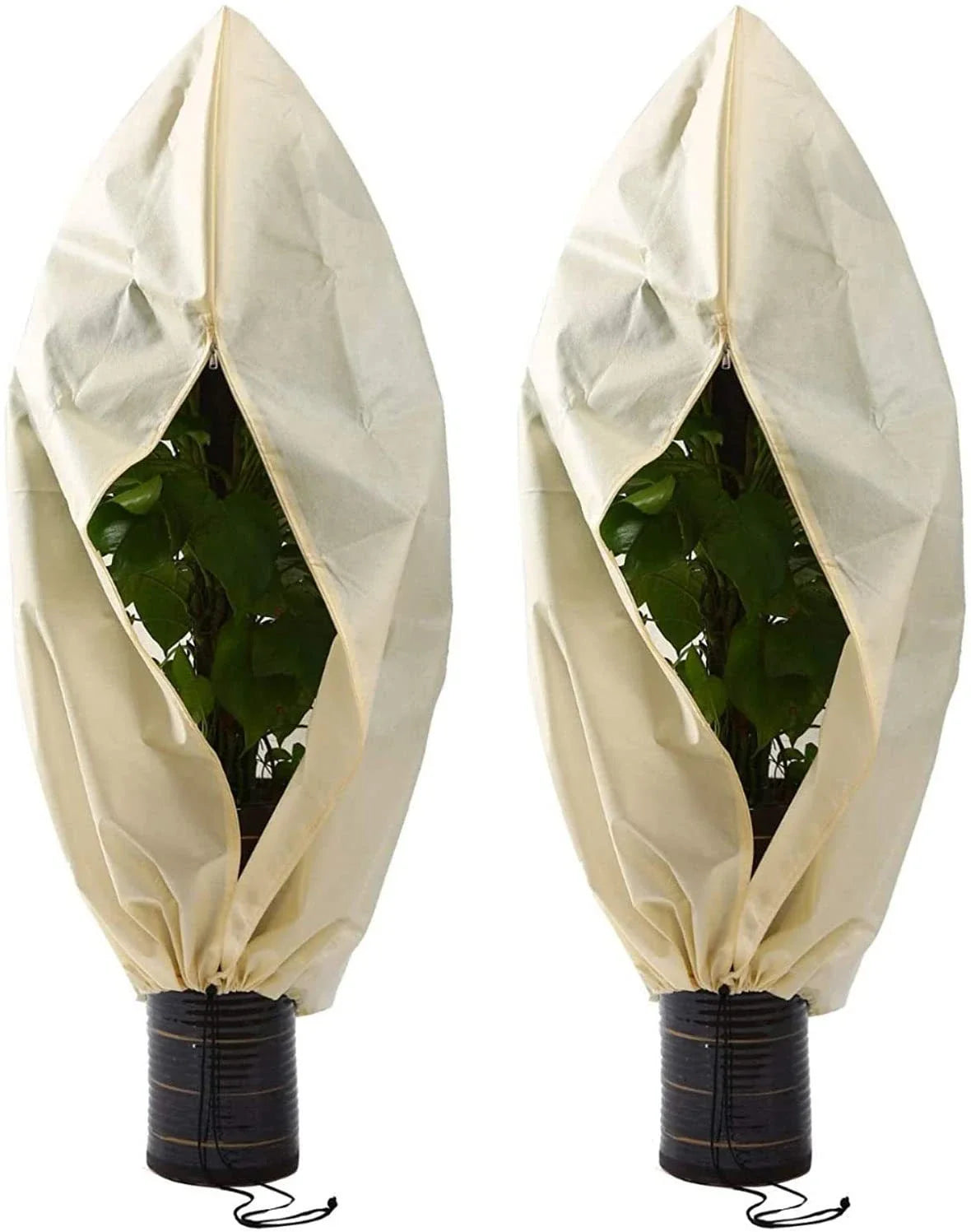 Non-woven plant protection cover in beige, designed to safeguard garden plants from frost, heavy rain, and pests during the British winter.