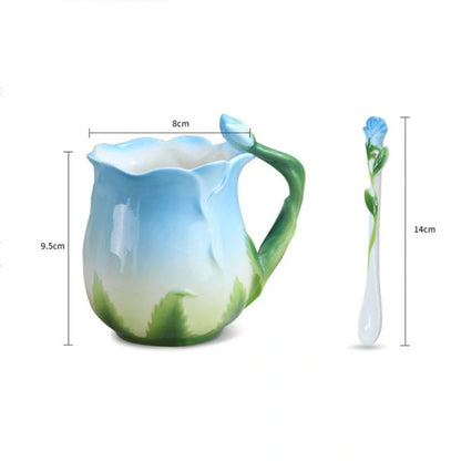 Hand-painted rose ceramic coffee mug with spoon, 320ml capacity
