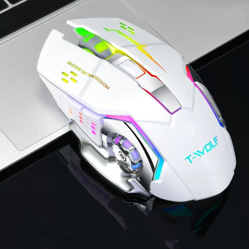 Wireless 2.4GHz optical gaming mouse with 2400 DPI precision, 6 programmable keys, and vibrant backlit design