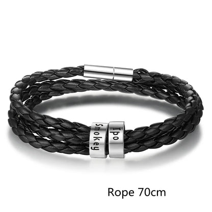 Personalized Leather Bracelet with Engraved Name Charm in Black and Brown Colors