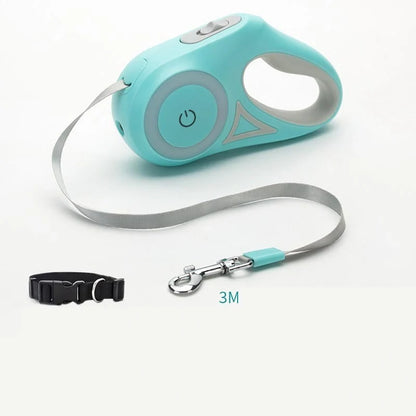 Retractable dog leash with automatic brake system in dream purple, sunshine orange, and mint green