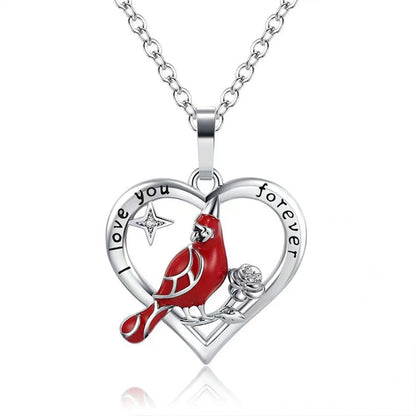 Heart-shaped cardinal pendant necklace in silver, unisex animal model jewellery