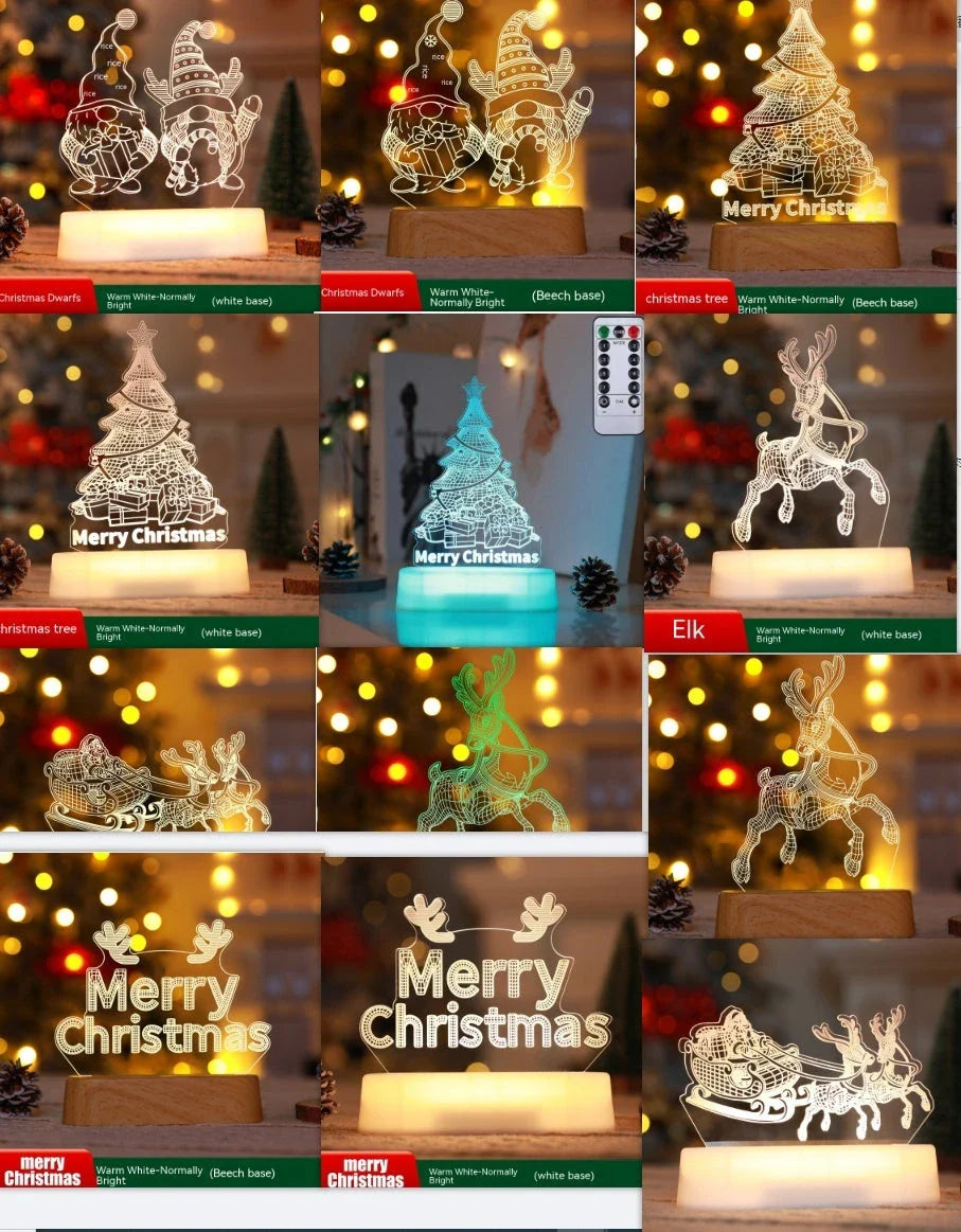 3D acrylic Christmas lights with various holiday-themed designs, including Christmas trees, elks, and Christmas dwarfs, providing warm, ambient lighting.