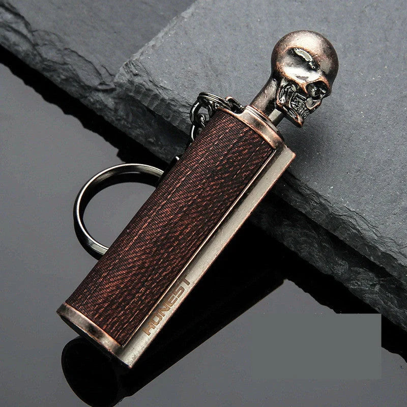 Metal keychain lighter with flint starter and bottle opener in various finishes