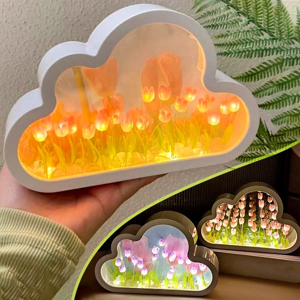 DIY Tulip Night Lamp in pink, purple, and blue with LED lights and decorative mirror feature