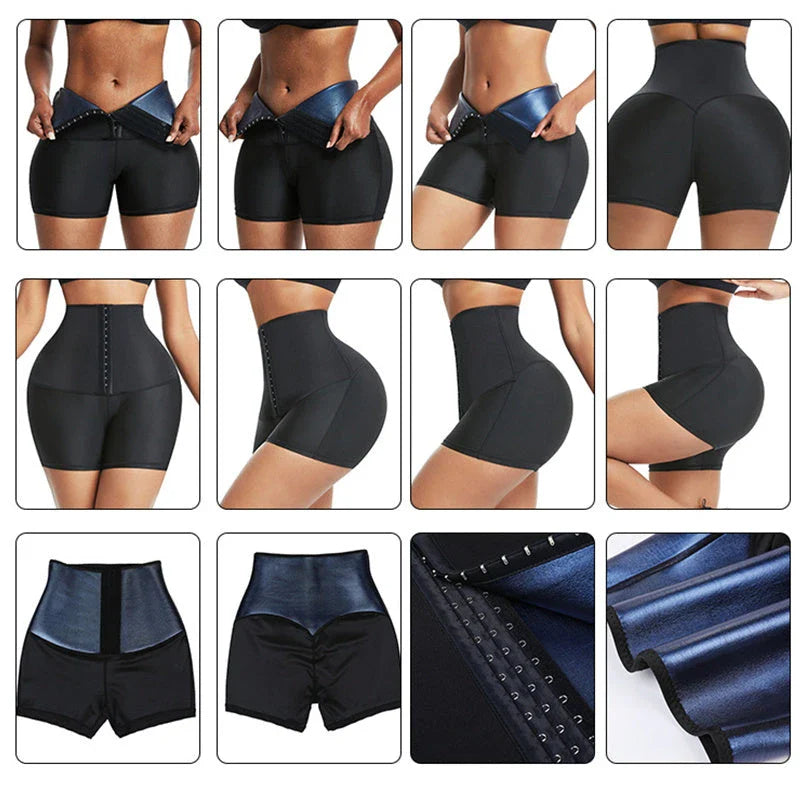 Premium slimming shapewear leggings in silver and blue colors, designed to provide tummy control and a sculpted silhouette.