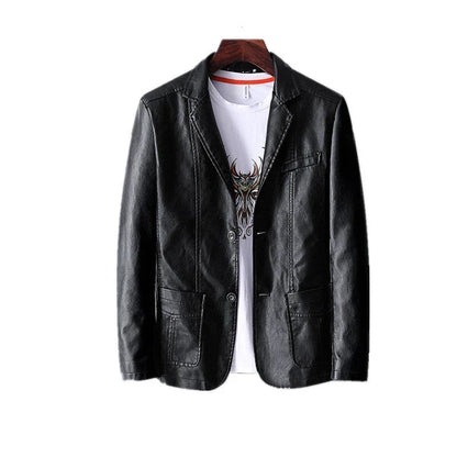 A stylish leather jacket with a unique studded lapel design, perfect for autumn and winter wear.