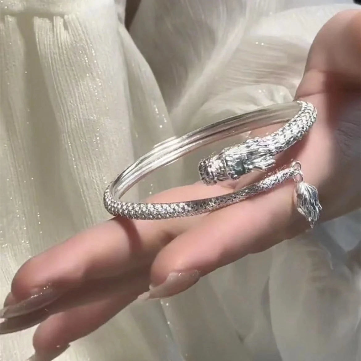 Adjustable Chinese-style dragon tail bangle bracelet with intricate dragon and phoenix decorations