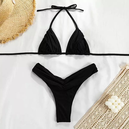 Women's solid colour pleated bikini with high elasticity and chest pad