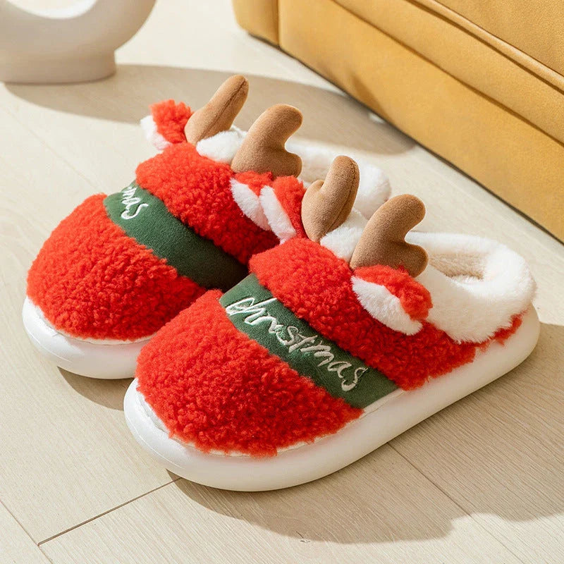 Cozy elk-themed slippers in a variety of festive colors, featuring a plush suede upper and supportive EVA sole for maximum comfort and warmth.