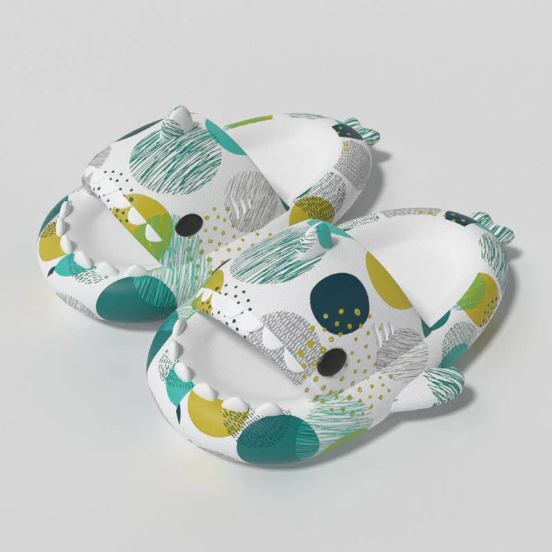 Cute shark-themed slippers with heart print design in various vibrant colors