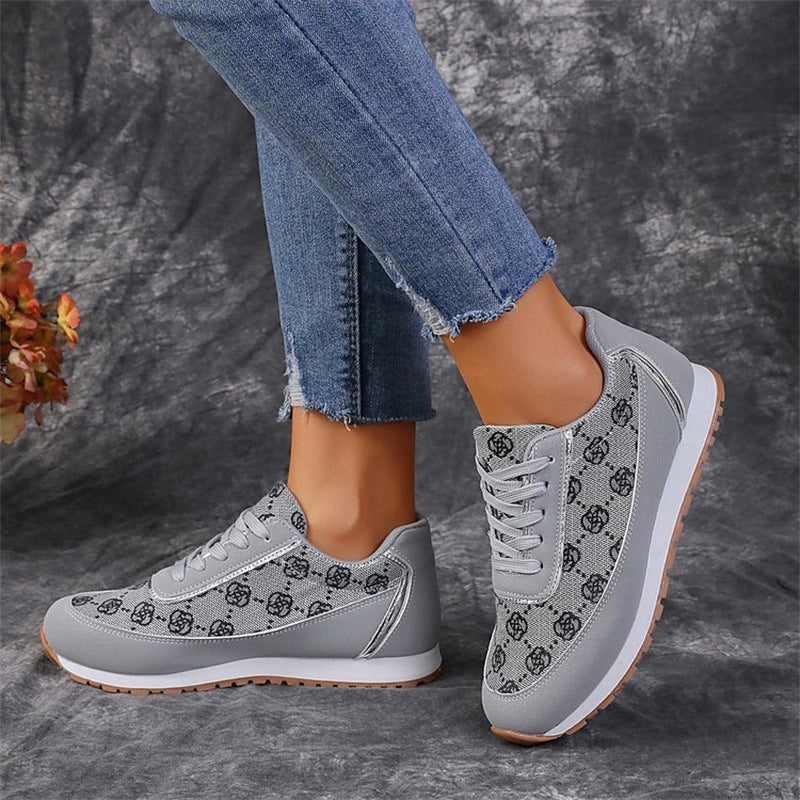 Women's floral print lace-up sneakers in grey and camel colours