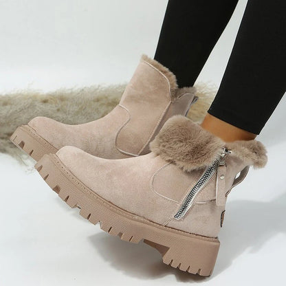 Women's foldable plush snow boots in black and khaki with round-toe design