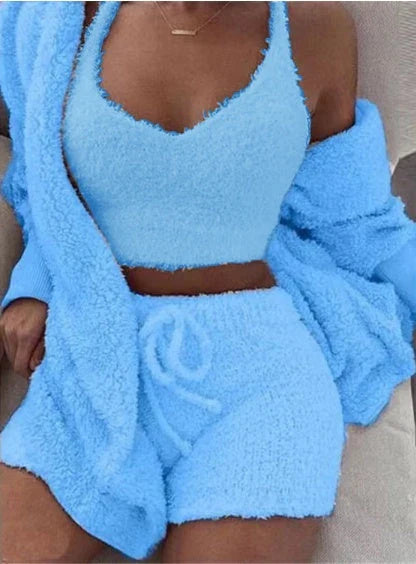 Cozy 3-piece velvet pajama set with long sleeve crop top and drawstring shorts in various colors