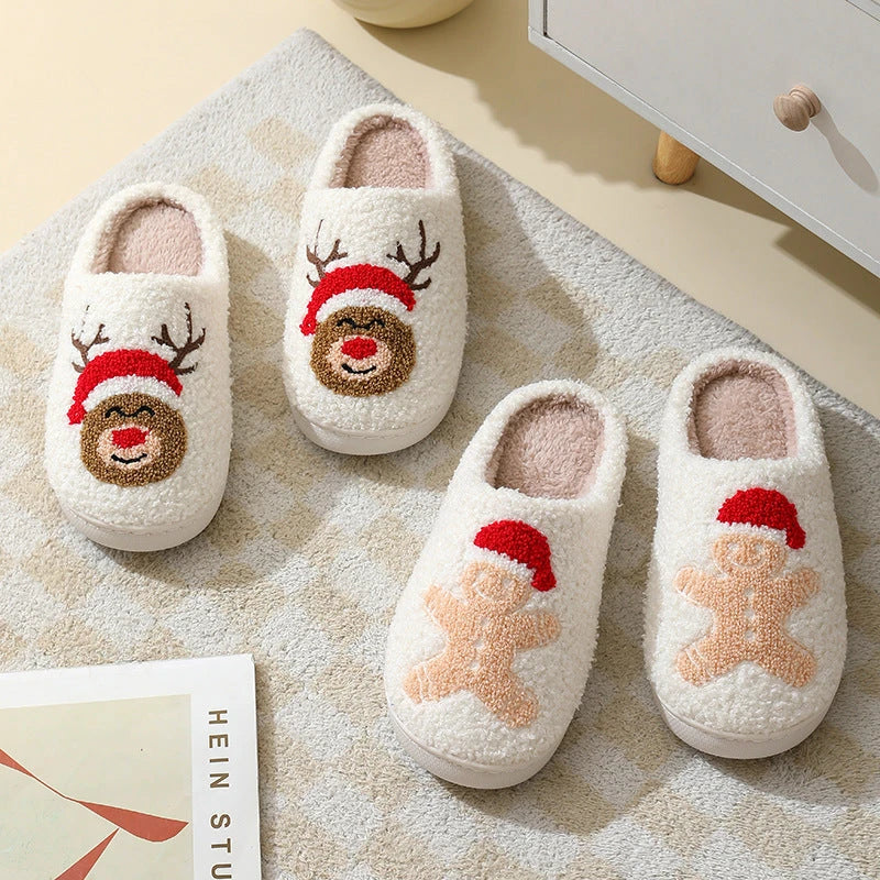 Cozy Christmas slippers in festive designs like Santa Claus, Moose, and Gingerbread Man, featuring plush lining and durable soles