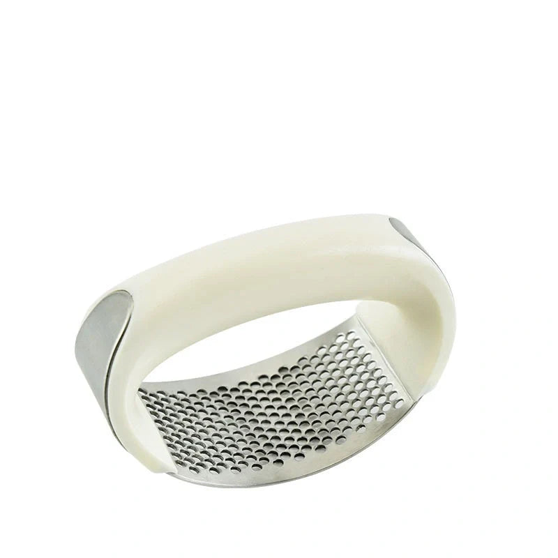 Stainless steel garlic press with ergonomic handle for easy mashing
