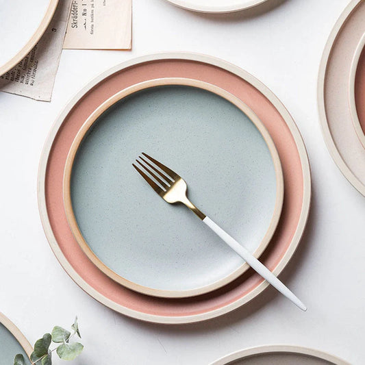 Pure Colour Matte Ceramic Plate Set with sesame point glaze in pink, grey, white, and blue