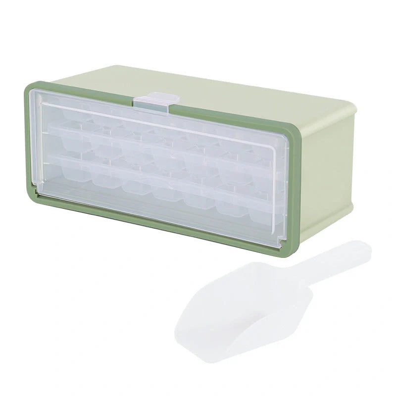 Drawer-type plastic ice cube mold maker with lid and storage bin for easy ice cube making and storage