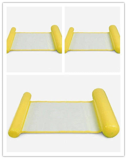 Inflatable water lounge chair in blue, floating in pool with hammock-style design